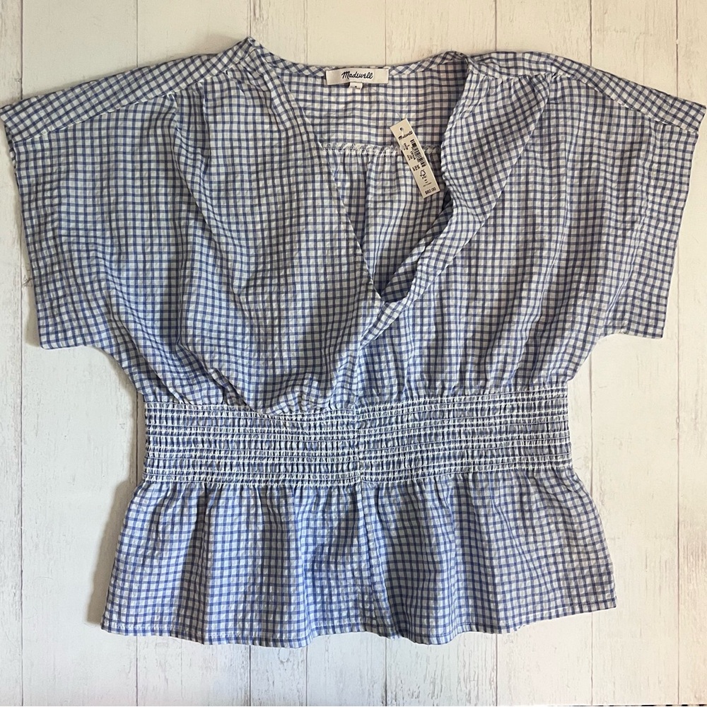 Madewell Blue Smocked Peplum Blouse
